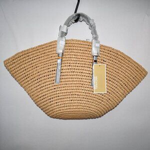 Michael Kors Isa Small Straw Fan Tote Bag in Natural/Black #30S5S9FT1W NWT